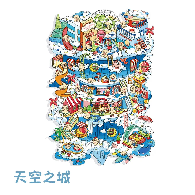 Sticker 3D Ville dans le ciel et gâteau d'anniversaire : 2 scènes miniatures