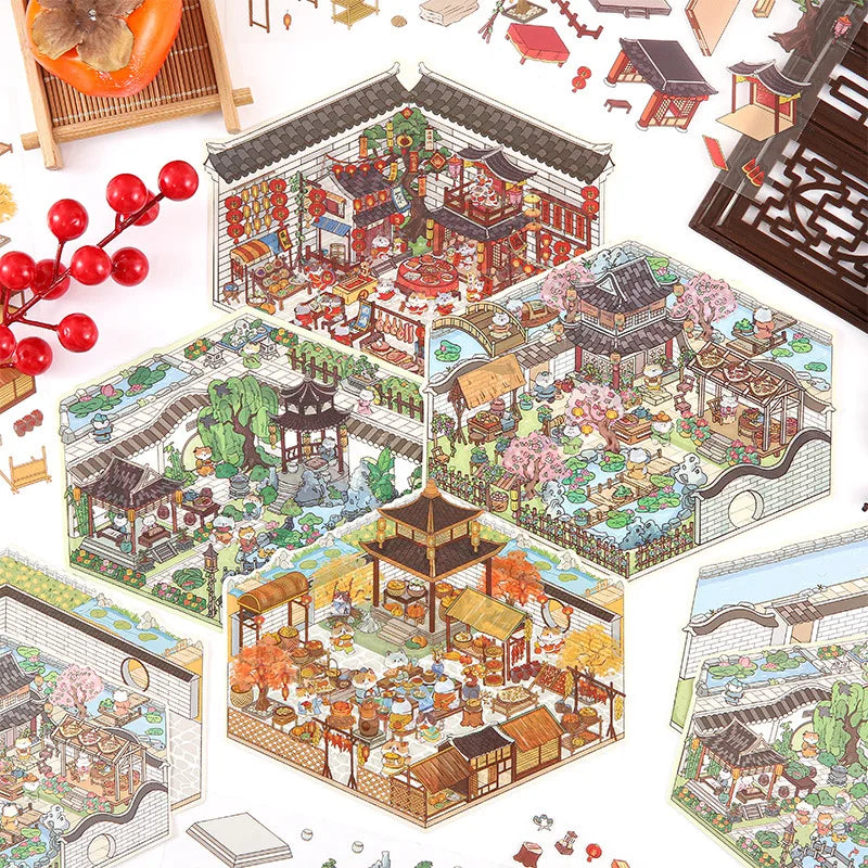 Sticker 3D Jardins chinois : 4 scènes miniatures
