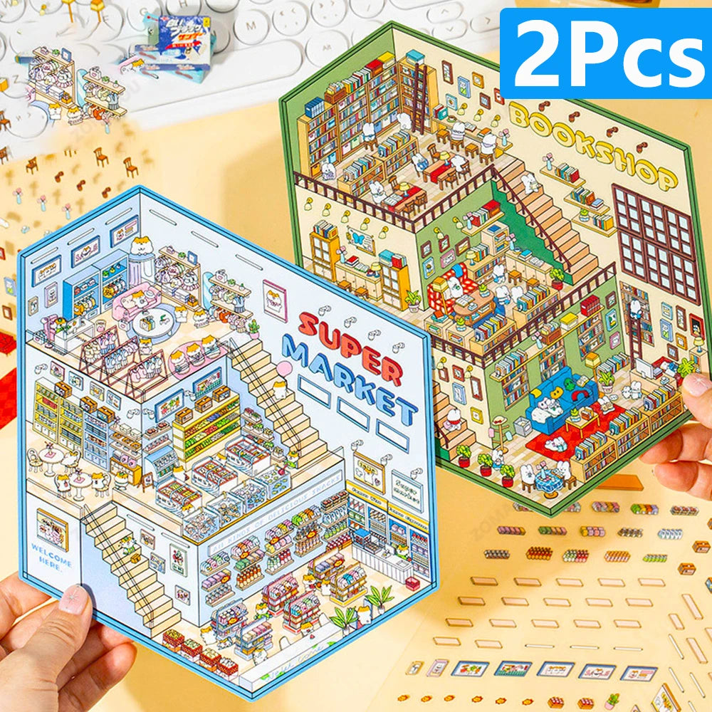 Sticker 3D SuperMarket et BookShop : 2 scènes miniatures