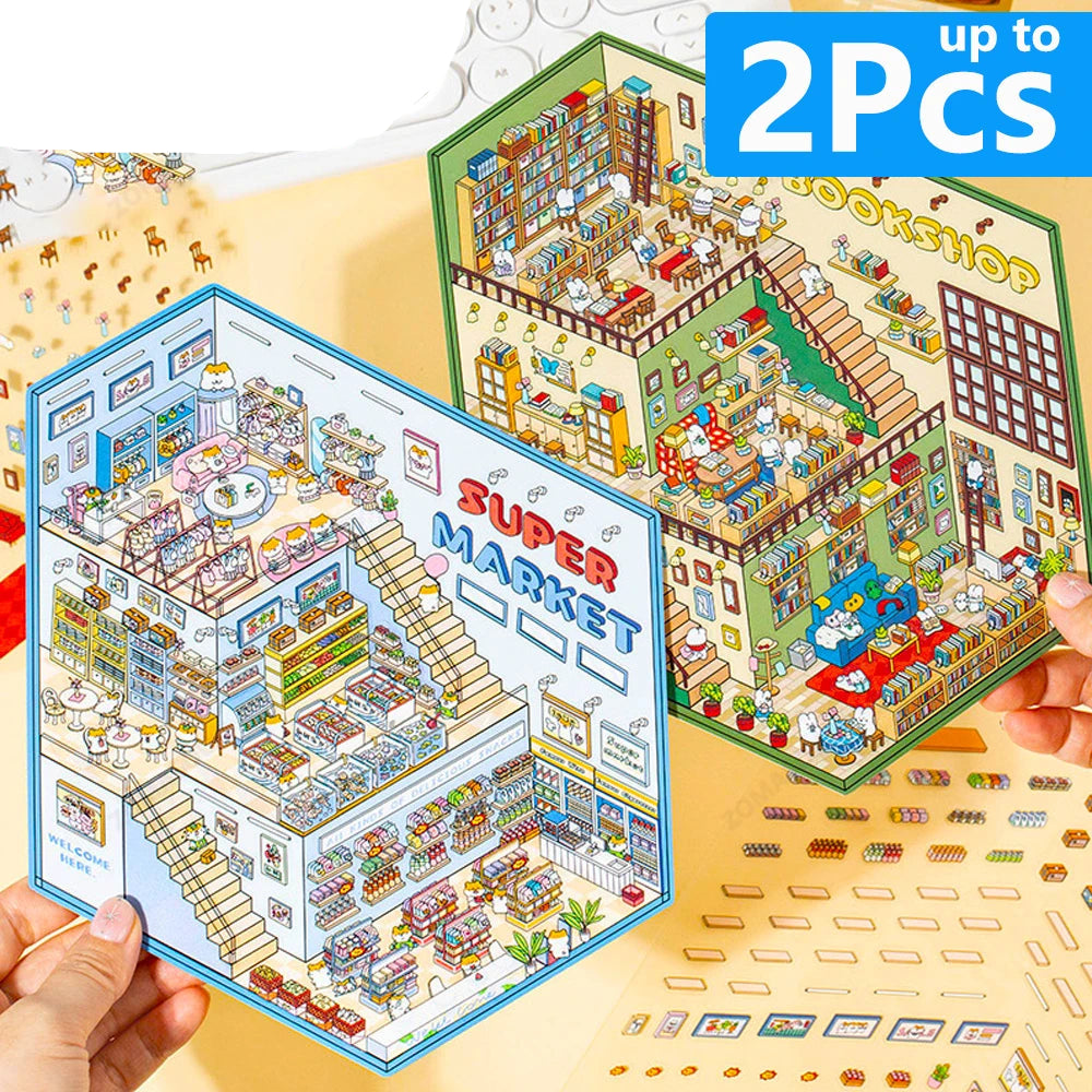 Sticker 3D SuperMarket et BookShop : 2 scènes miniatures