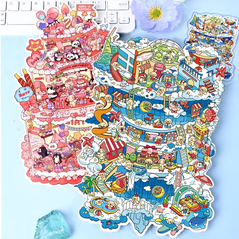 Sticker 3D Ville dans le ciel et gâteau d'anniversaire : 2 scènes miniatures