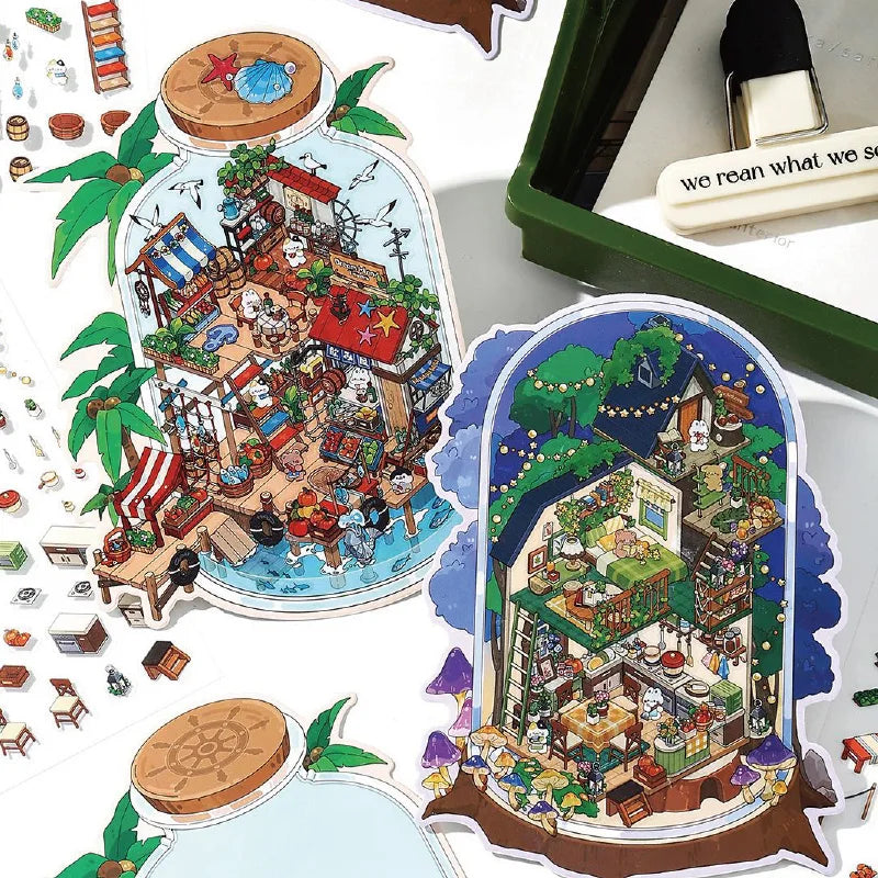 Sticker 3D Mondes sous cloche : 4 scènes miniatures