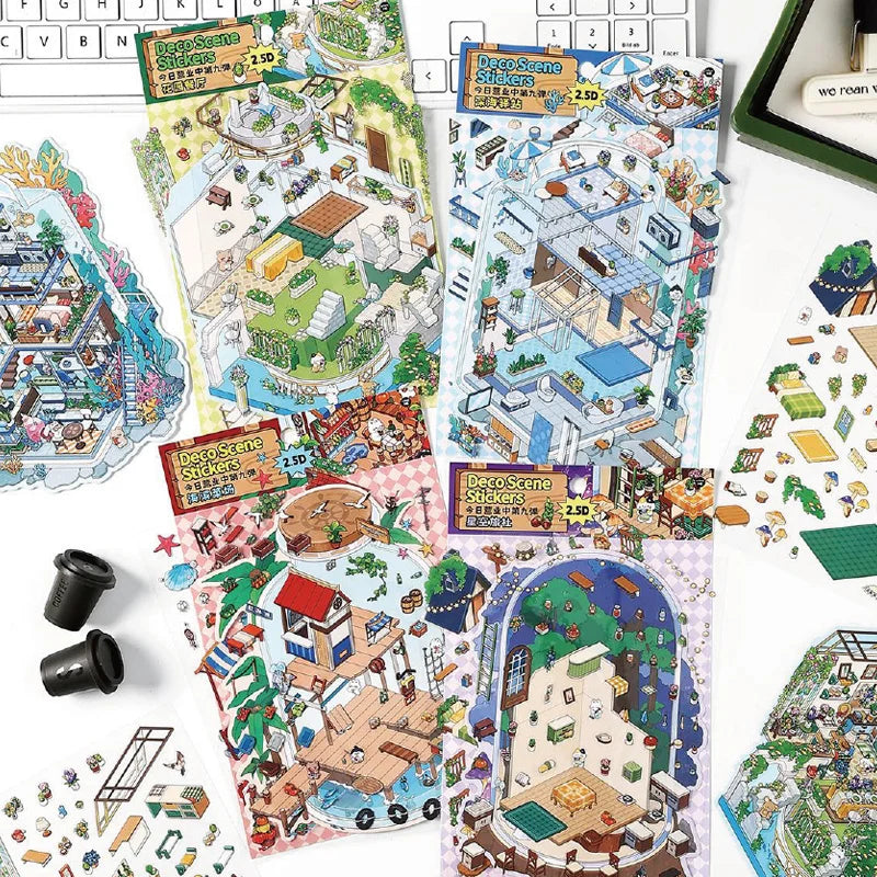 Sticker 3D Mondes sous cloche : 4 scènes miniatures