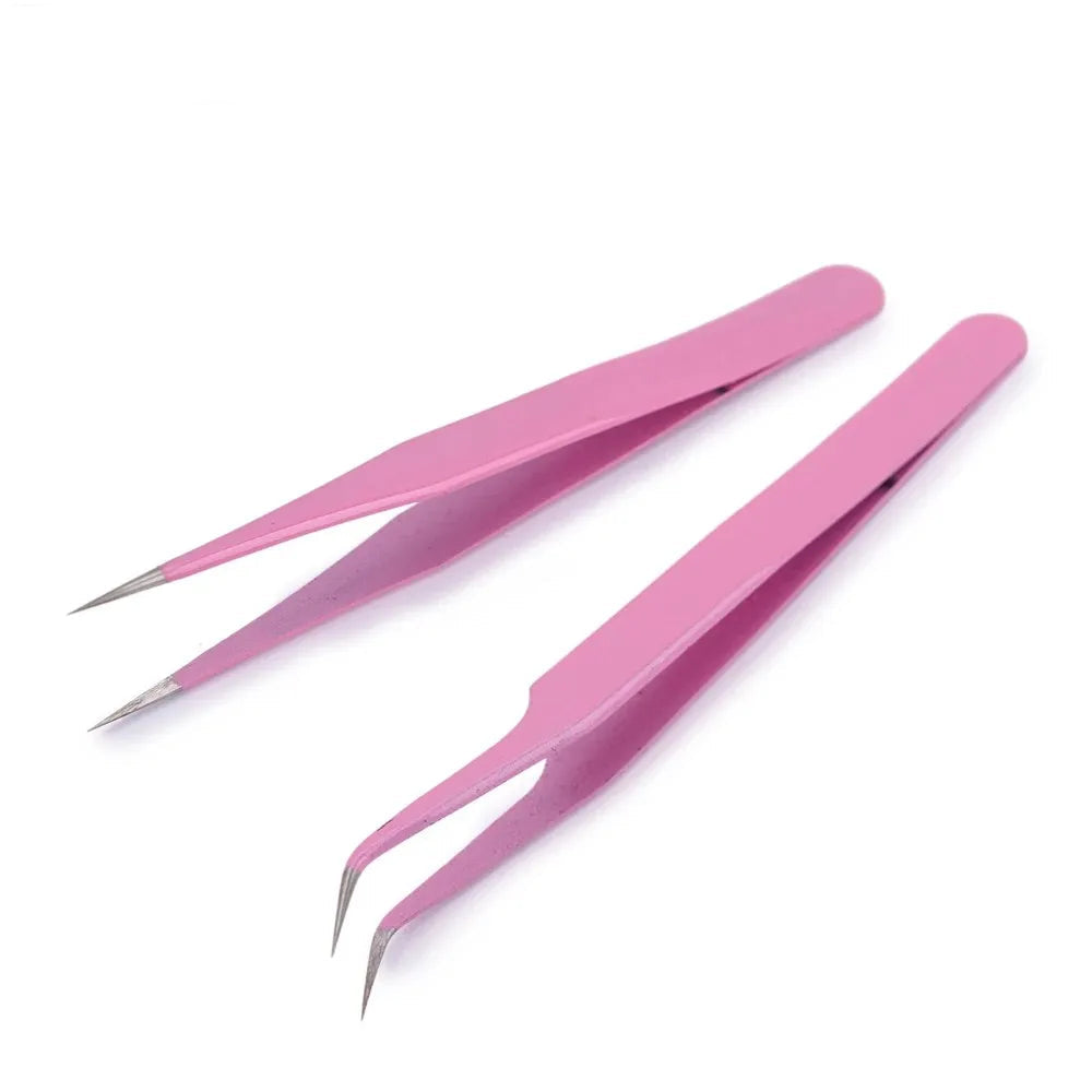 Pink Stainless steel tweezers, straight and curved tweezers, eyelash extension tools, nail art accessories, 2PCs