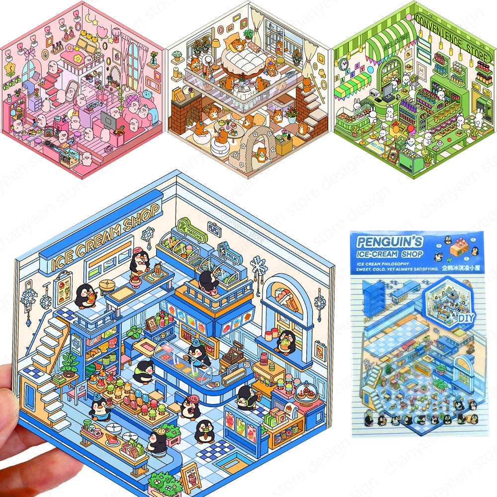 Sticker 3D Mix d'animaux : 4 scènes miniatures