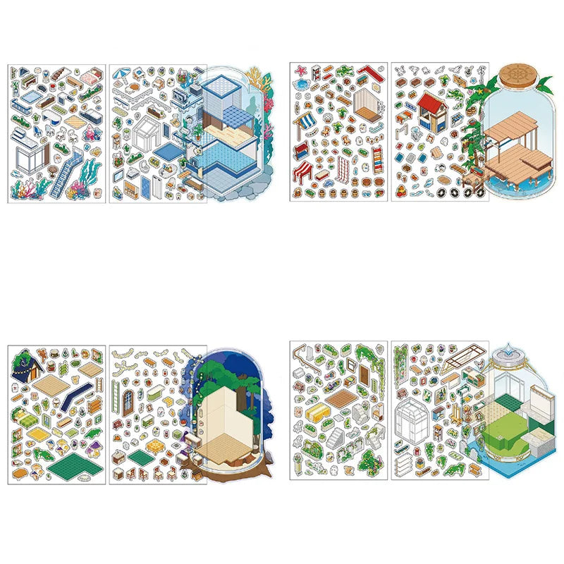 Sticker 3D Mondes sous cloche : 4 scènes miniatures