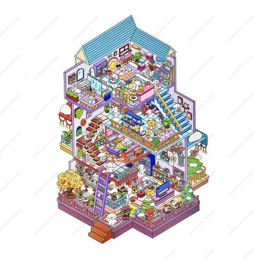 Sticker 3D Grande maison et petit centre commercial : 2 scènes miniatures