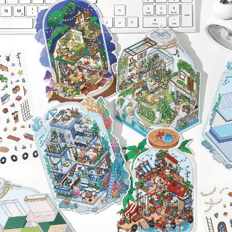 Sticker 3D Mondes sous cloche : 4 scènes miniatures