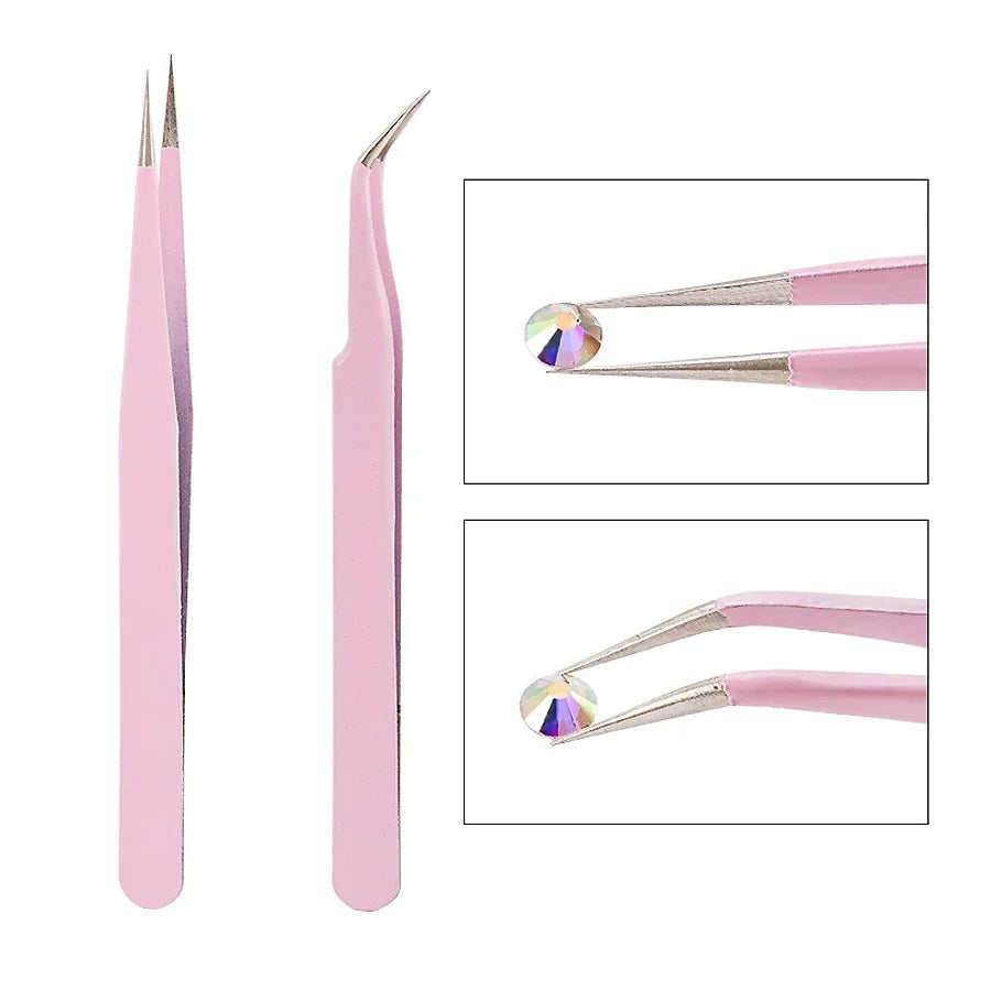 Pink Stainless steel tweezers, straight and curved tweezers, eyelash extension tools, nail art accessories, 2PCs
