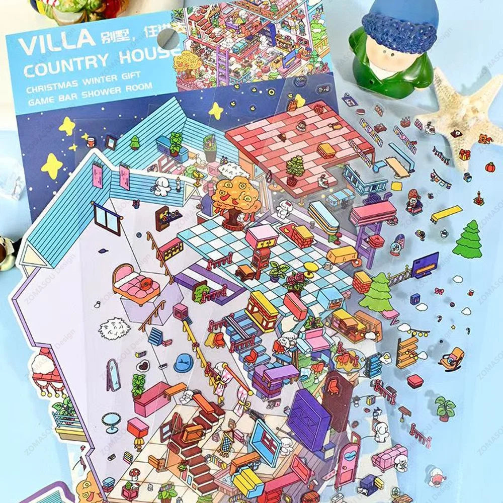 Sticker 3D Grande maison et petit centre commercial : 2 scènes miniatures