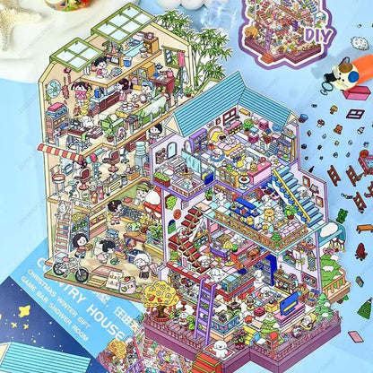 Sticker 3D Grande maison et petit centre commercial : 2 scènes miniatures