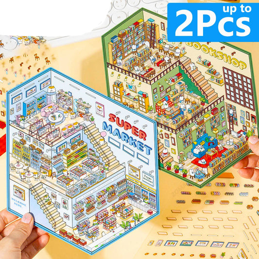 Sticker 3D SuperMarket et BookShop : 2 scènes miniatures