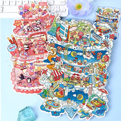 Sticker 3D Ville dans le ciel et gâteau d'anniversaire : 2 scènes miniatures