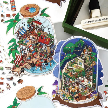 Sticker 3D Mondes sous cloche : 4 scènes miniatures