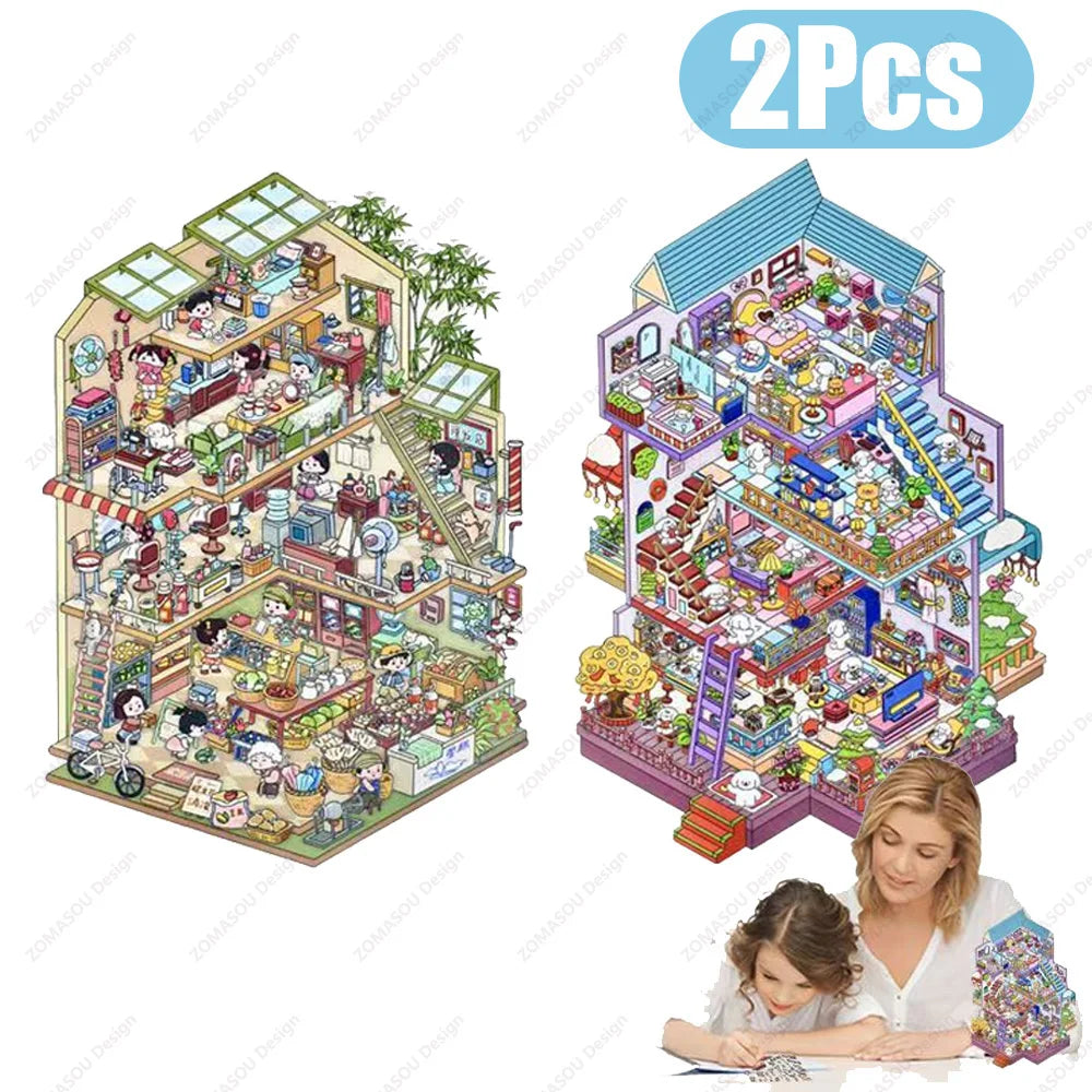 Sticker 3D Grande maison et petit centre commercial : 2 scènes miniatures