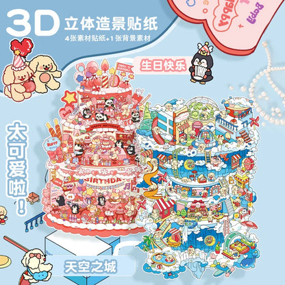 Sticker 3D Ville dans le ciel et gâteau d'anniversaire : 2 scènes miniatures