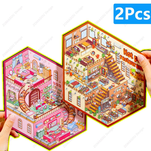 Sticker 3D Hot Pot Restaurant et Grand villa : 2 scènes miniatures