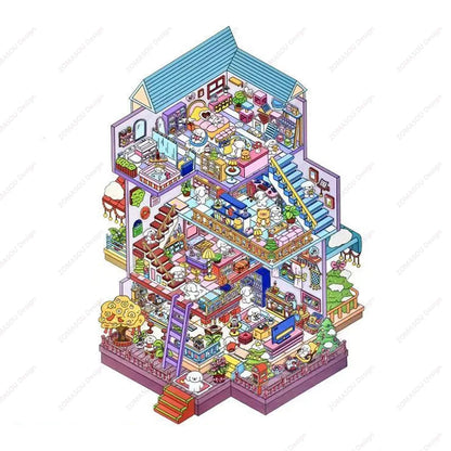 Sticker 3D Grande maison et petit centre commercial : 2 scènes miniatures