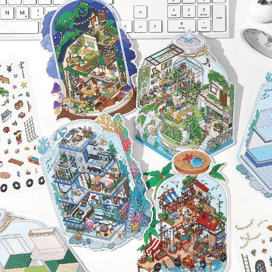 Sticker 3D Mondes sous cloche : 4 scènes miniatures